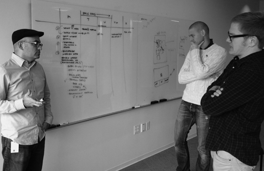 people discussing at a whiteboard